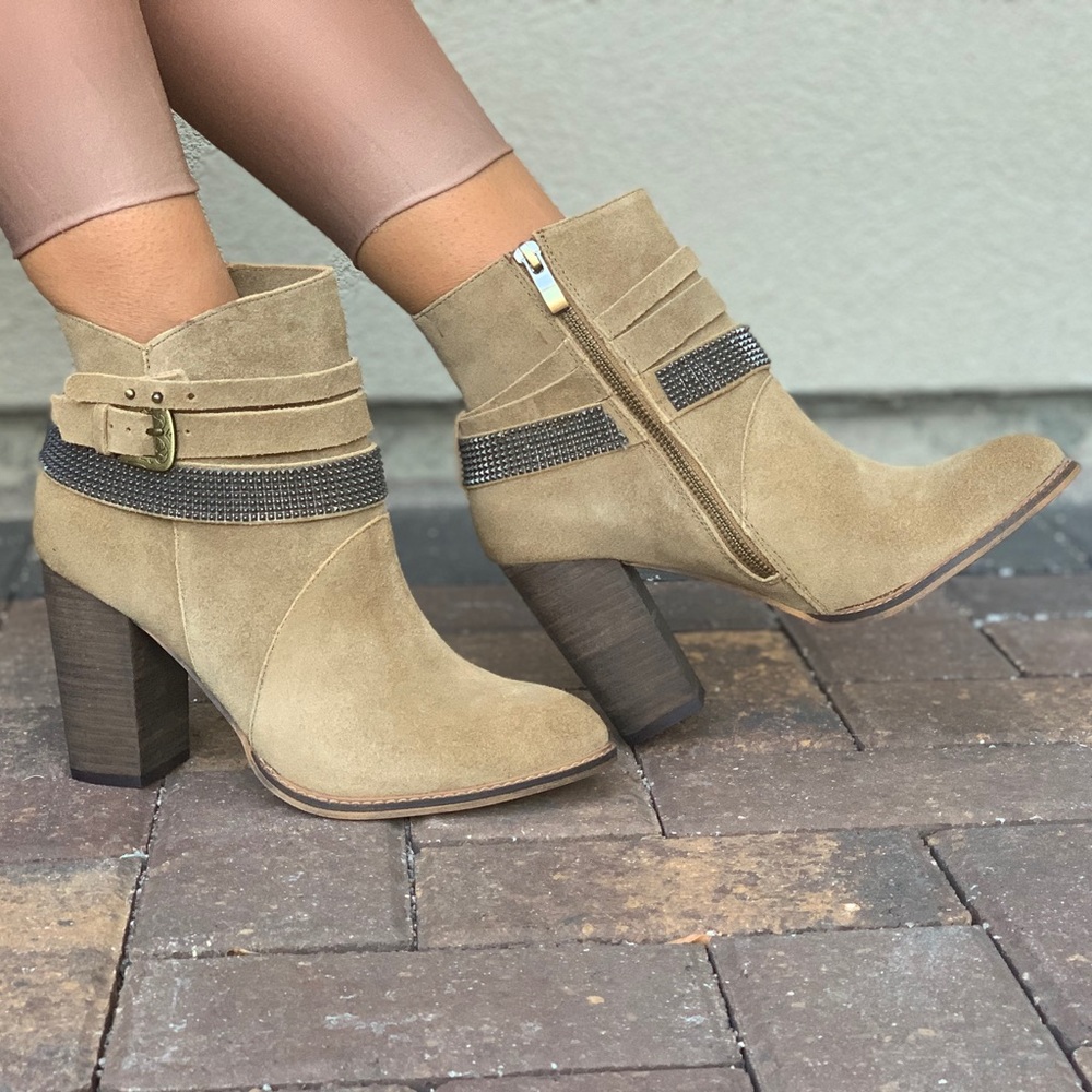 Tan Genuine Suede Buckle Embellished Ankle Booties - Picture 2 of 8